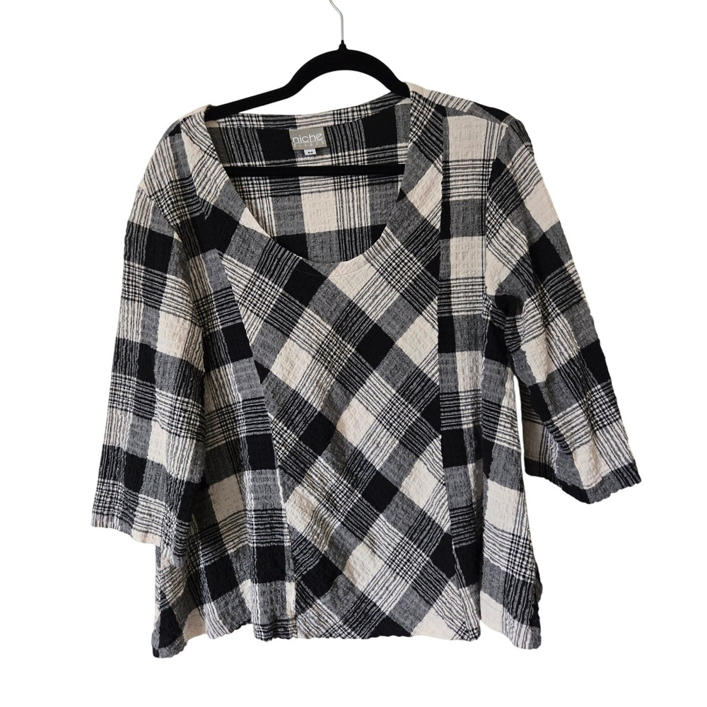 Niche Nilgun Derman Womens M Top Black Cream Plaid Lagenlook Top Crinkle